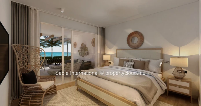 Appartement R+2 à vendre à Balaclava, Baie du Tombeau, 180m², 3 chambres, piscine commune, vue mer, parking, jardin.