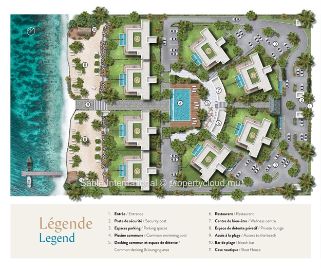 Bel appartement R+2 à vendre à Balaclava, Baie du Tombeau. 370m², 3 chambres, vue mer, piscine, jardin, parkings sécu...