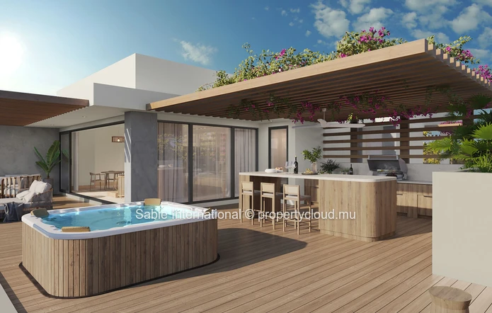 Penthouse 206m² à Black River, 3 chambres, piscine privée, veranda, parking, proche écoles et commerces