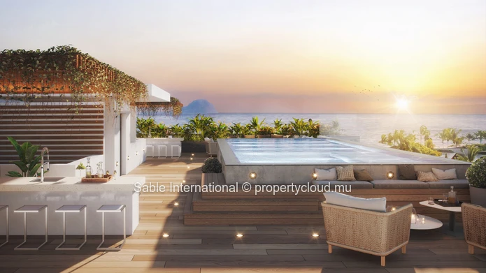 Appartement R+2 à vendre à Tamarin, Rivière Noire. 142m², 3 chambres, piscine commune, vue mer, proche commodités.