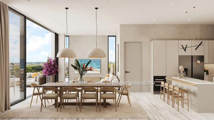 Appartement R+2 à vendre à Grand Baie, 152m², 3 chambres, vue mer, proche commodités, climatisé, ascenseur.