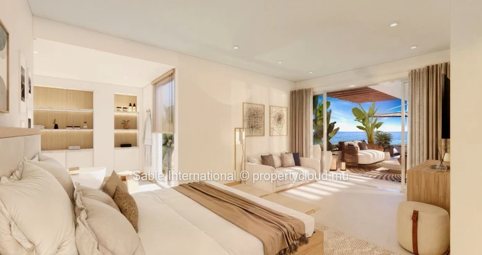 Appartement R+2 à vendre à Balaclava, Baie du Tombeau, 180m², 3 chambres, piscine commune, vue mer, parking, jardin.