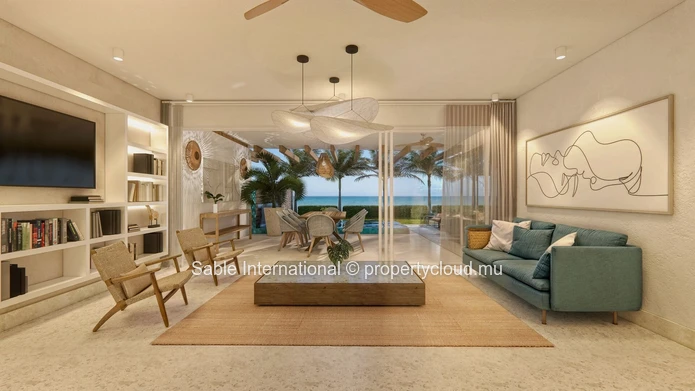 Appartement R+2 à vendre à Balaclava, Baie du Tombeau, 180m², 3 chambres, piscine commune, vue mer, parking, jardin.